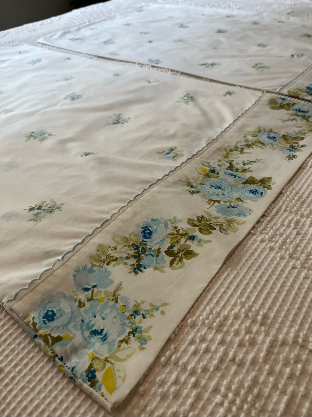 Vintage 1970s Sears Roebuck French Bouquet Blue Rose Pillowcases – Set of 2